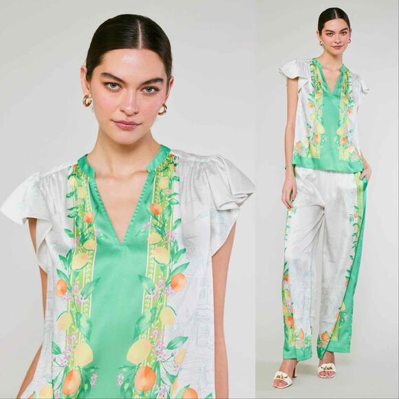 Current Air Tuscan Satin Lemon Print Top Green Sz Small - Picture 1 of 7